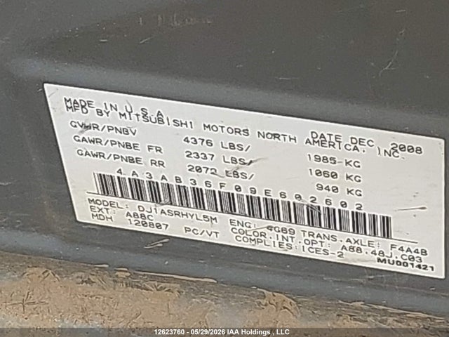 Продажа на аукционе авто 2009 Mitsubishi Galant Es, vin: 4A3AB36F09E602602, номер лота: 12623760
