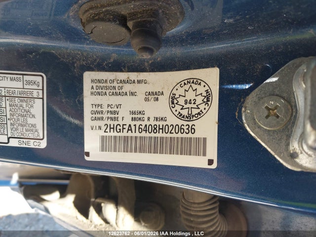 Продаж на аукціоні авто 2008 Honda Civic Dx-g, vin: 2HGFA16408H020636, номер лоту: 12623762
