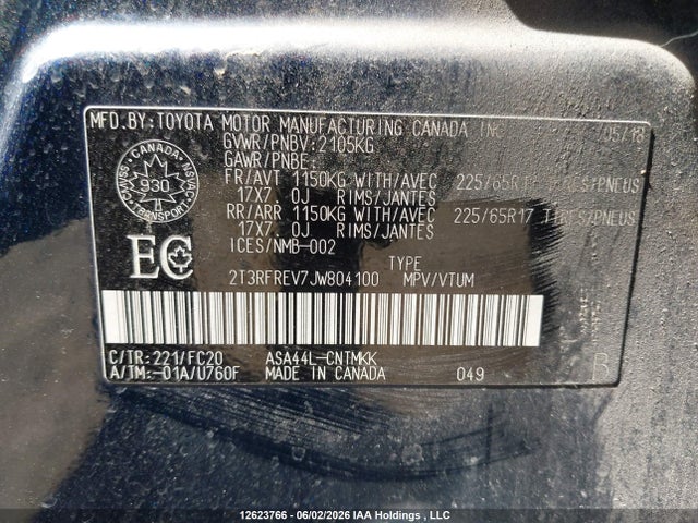 Продажа на аукционе авто 2018 Toyota Rav4 Adventure/xle, vin: 2T3RFREV7JW804100, номер лота: 12623766
