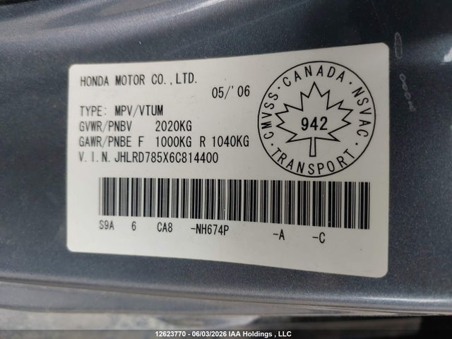 Продажа на аукционе авто 2006 Honda Cr-v Lx, vin: JHLRD785X6C814400, номер лота: 12623770