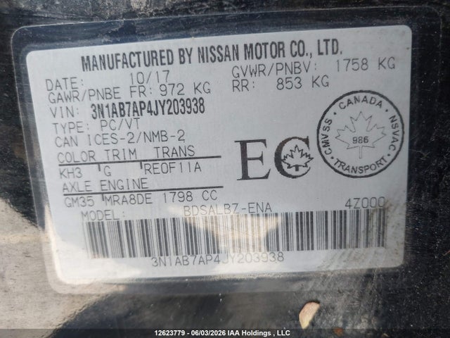 12623779 :رقم المزاد ، 3N1AB7AP4JY203938 vin ، 2018 Nissan Sentra S/sv/sr/sl مزاد بيع