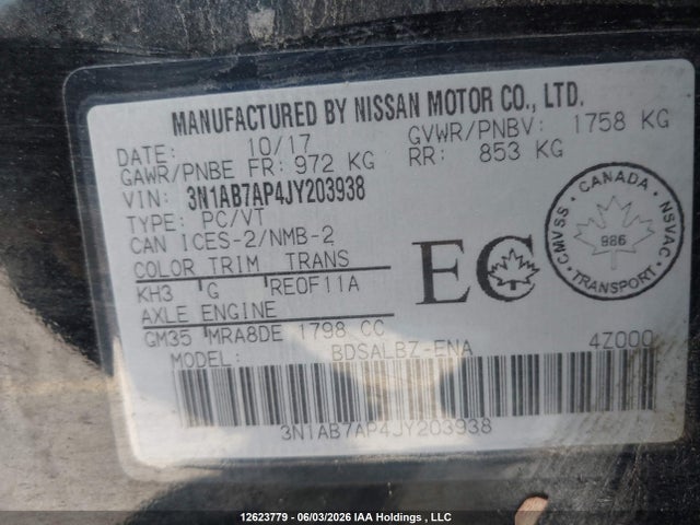 12623779 :رقم المزاد ، 3N1AB7AP4JY203938 vin ، 2018 Nissan Sentra S/sv/sr/sl مزاد بيع