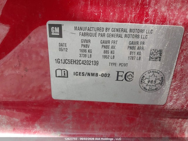 Aukcja sprzedaży 2012 Chevrolet Sonic Lt, vin: 1G1JC5EH2C4202139, numer aukcji: 12623783