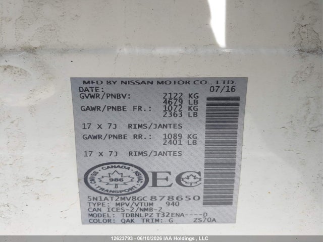 Продаж на аукціоні авто 2016 Nissan Rogue S/sl Premium/sv, vin: 5N1AT2MV8GC878650, номер лоту: 12623793