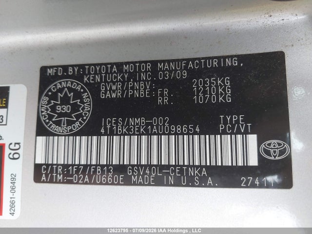 2010 Toyota Camry Le V6 მანქანა იყიდება აუქციონზე, vin: 4T1BK3EK1AU098654, აუქციონის ნომერი: 12623795