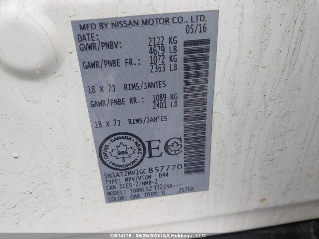 5N1AT2MV1GC857770 Nissan Rogue S/sl Premium/sv