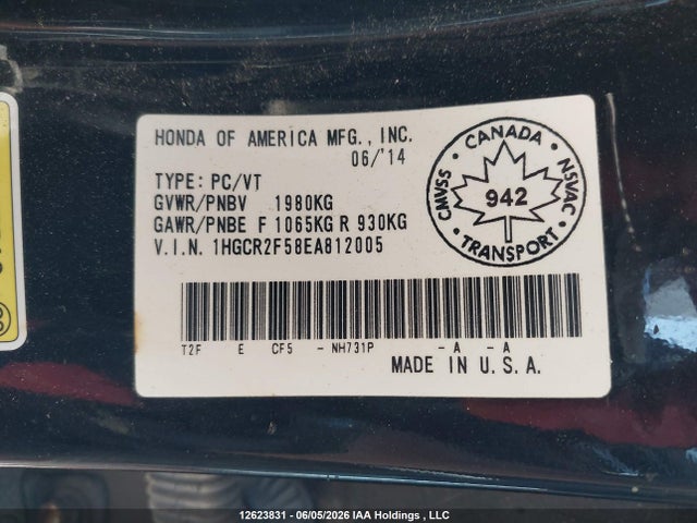 2014 Honda Accord Sport მანქანა იყიდება აუქციონზე, vin: 1HGCR2F58EA812005, აუქციონის ნომერი: 12623831