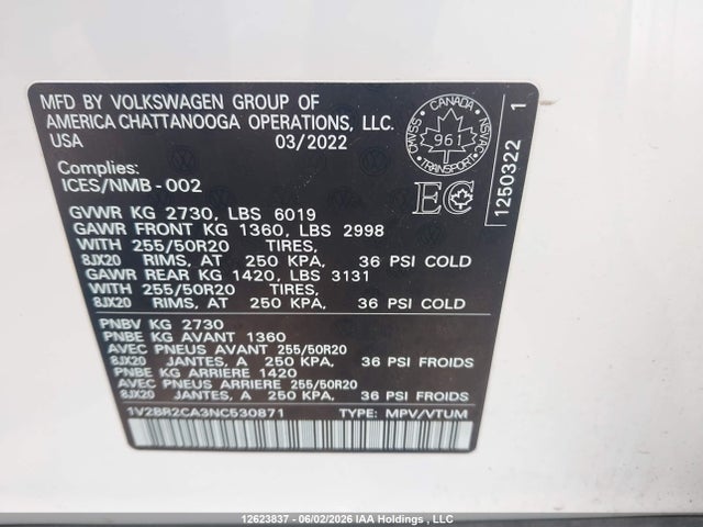 Aukcja sprzedaży 2022 Volkswagen Atlas 3.6 Fsi Highline, vin: 1V2BR2CA3NC530871, numer aukcji: 12623837