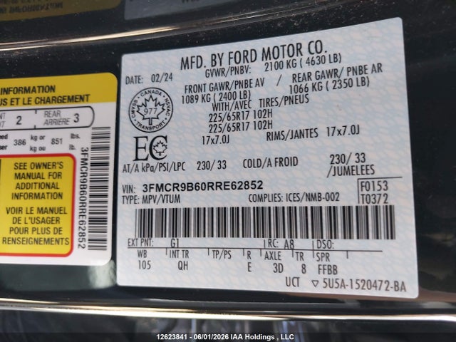 Продажа на аукционе авто 2024 Ford Bronco Sport Big Bend, vin: 3FMCR9B60RRE62852, номер лота: 12623841