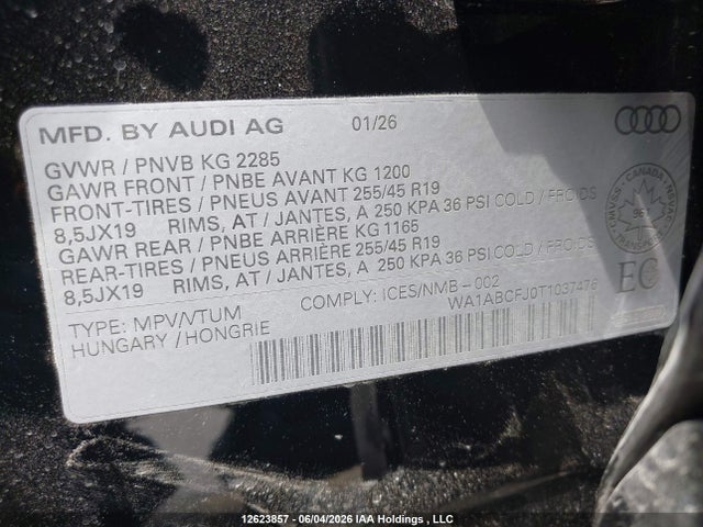 Aukcja sprzedaży 2026 Audi Q3 Progressiv, vin: WA1ABCFJ0T1037476, numer aukcji: 12623857