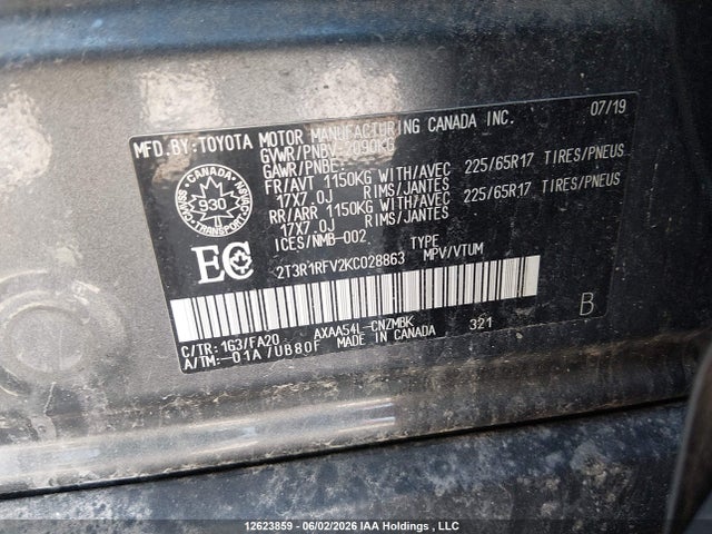 12623859 :رقم المزاد ، 2T3R1RFV2KC028863 vin ، 2019 Toyota Rav4 Xle مزاد بيع