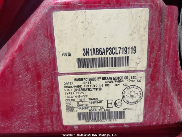 12623867 :رقم المزاد ، 3N1AB6AP3CL719119 vin ، 2012 Nissan Sentra مزاد بيع