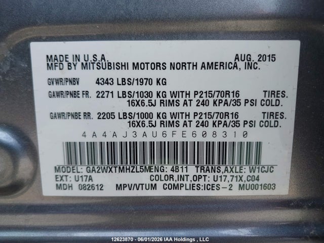 12623870 :رقم المزاد ، 4A4AJ3AU6FE608310 vin ، 2015 Mitsubishi Rvr Se مزاد بيع