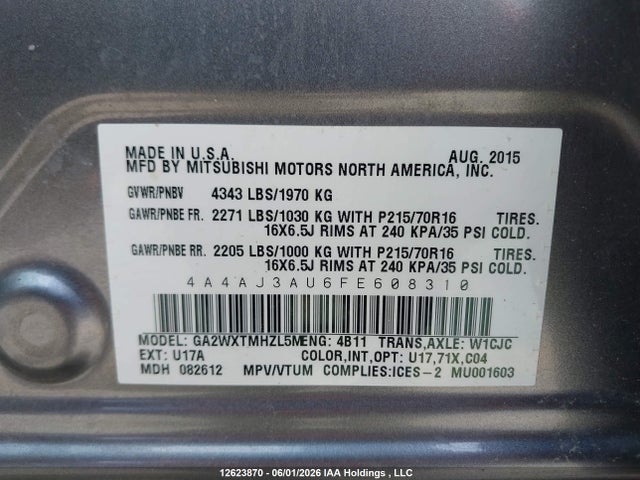 12623870 :رقم المزاد ، 4A4AJ3AU6FE608310 vin ، 2015 Mitsubishi Rvr Se مزاد بيع