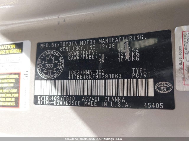 Продажа на аукционе авто 2009 Toyota Camry Se/le/xle, vin: 4T1BE46K79U393863, номер лота: 12623873