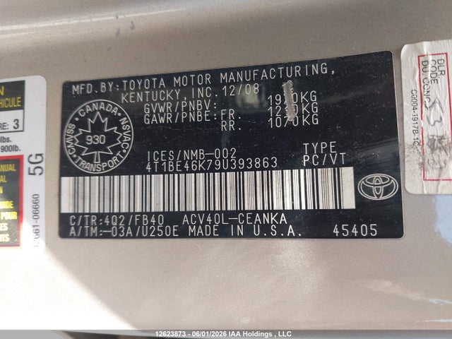 Продажа на аукционе авто 2009 Toyota Camry Se/le/xle, vin: 4T1BE46K79U393863, номер лота: 12623873