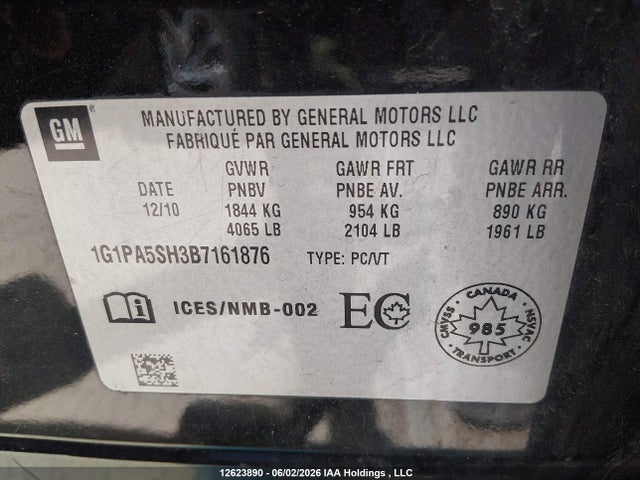 12623890 :رقم المزاد ، 1G1PA5SH3B7161876 vin ، 2011 Chevrolet Cruze Ls مزاد بيع