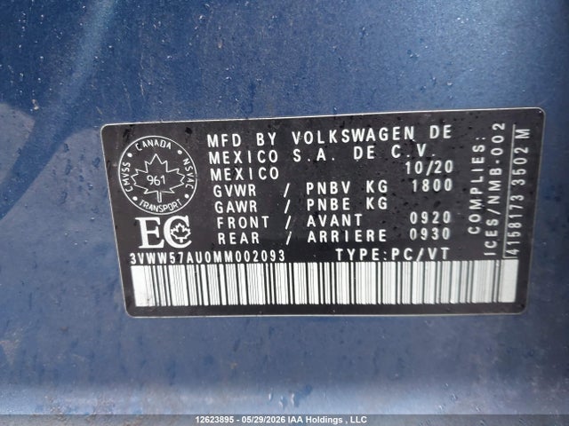 12623895 :رقم المزاد ، 3VWW57AU0MM002093 vin ، 2021 Volkswagen Golf Comfortline/highline مزاد بيع