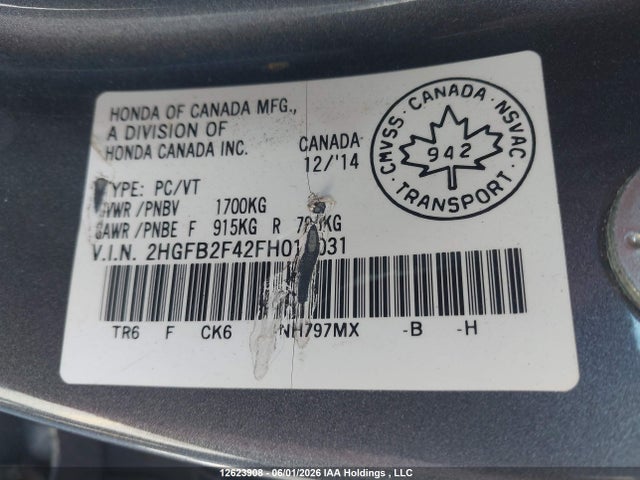 Honda Civic 2015 2HGFB2F42FH014031 Image 9