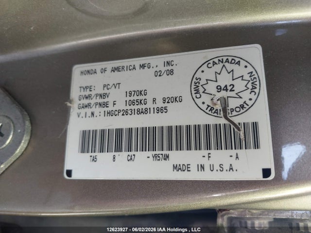 Продаж на аукціоні авто 2008 Honda Accord Lx, vin: 1HGCP26318A811965, номер лоту: 12623927