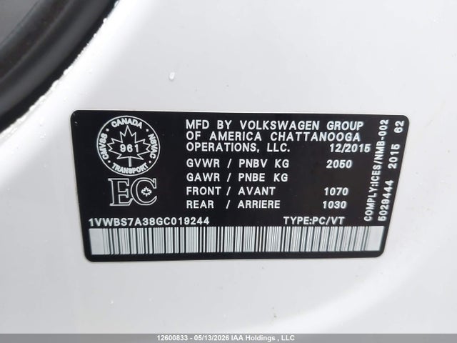 Aukcja sprzedaży 2016 Volkswagen Passat 1.8 Tsi Comfortline, vin: 1VWBS7A38GC019244, numer aukcji: 12600833