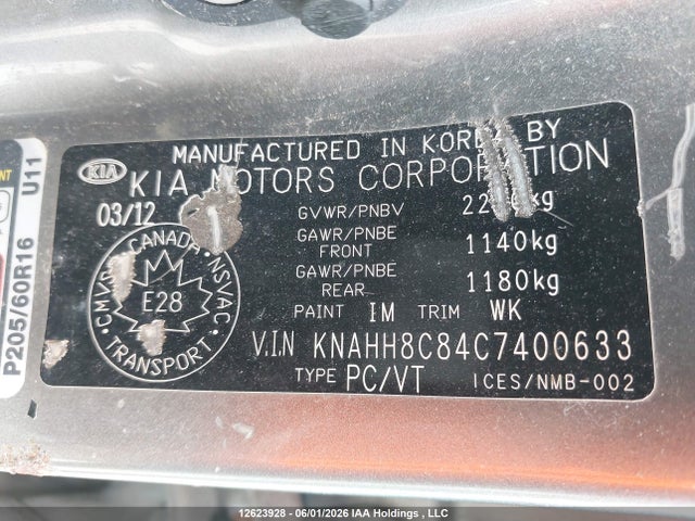 Aukcja sprzedaży 2012 Kia Rondo Ex/ex-premium, vin: KNAHH8C84C7400633, numer aukcji: 12623928