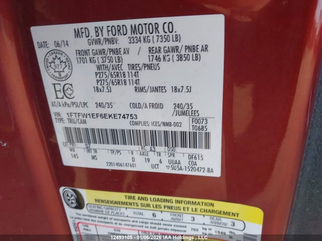 1FTFW1EF6EKE74753 Ford F-150 Xlt
