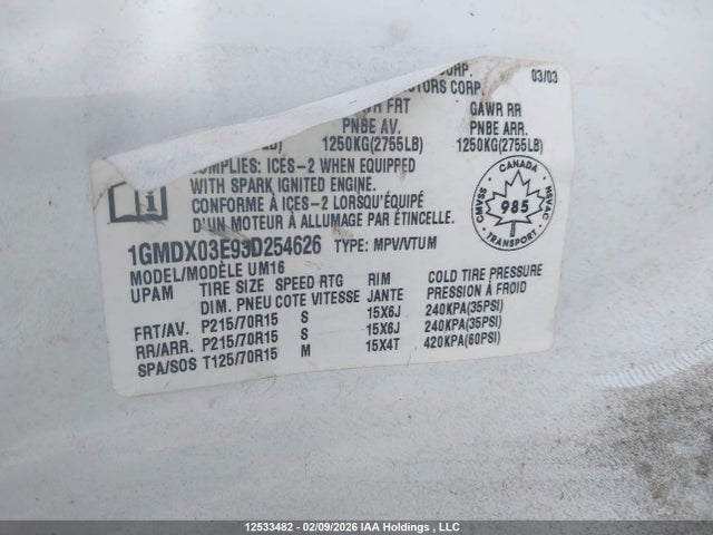 Продаж на аукціоні авто 2003 Pontiac Montana, vin: 1GMDX03E93D254626, номер лоту: 12533482
