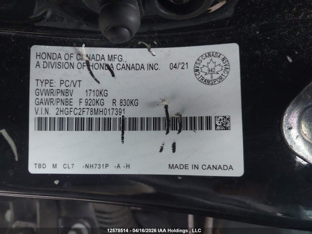 12578514 :رقم المزاد ، 2HGFC2F78MH017391 vin ، 2021 Honda Civic Ex 4dr مزاد بيع