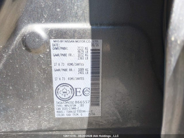5N1AT2MV2GC866557 Nissan Rogue S/sl Premium/sv