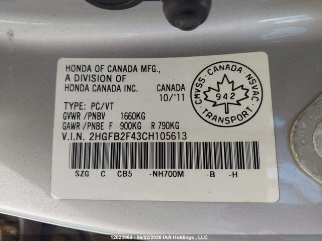 2012 Honda Civic Lx მანქანა იყიდება აუქციონზე, vin: 2HGFB2F43CH105613, აუქციონის ნომერი: 12623963