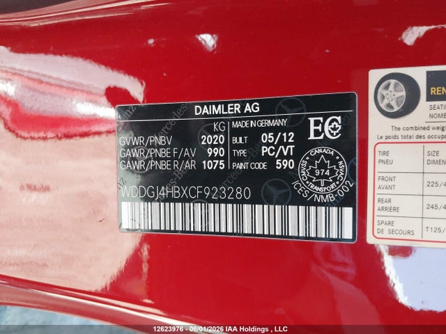 2012 Mercedes-benz C 250 მანქანა იყიდება აუქციონზე, vin: WDDGJ4HBXCF923280, აუქციონის ნომერი: 12623976