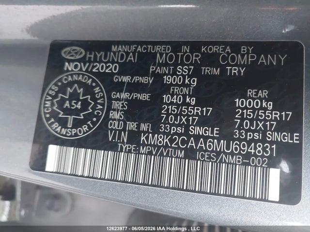 12623977 :رقم المزاد ، KM8K2CAA6MU694831 vin ، 2021 Hyundai Kona Preferred Awd مزاد بيع