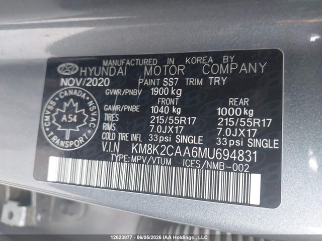 12623977 :رقم المزاد ، KM8K2CAA6MU694831 vin ، 2021 Hyundai Kona Preferred Awd مزاد بيع