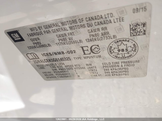 12623981 :رقم المزاد ، 2GNALCEK5G6145325 vin ، 2016 Chevrolet Equinox Lt مزاد بيع