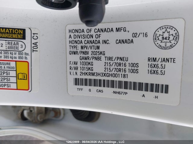 Продажа на аукционе авто 2016 Honda Cr-v Lx, vin: 2HKRM3H3XGH001181, номер лота: 12623989