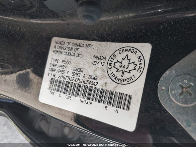 Aukcja sprzedaży 2012 Honda Civic, vin: 2HGFB2F42CH054542, numer aukcji: 12623991