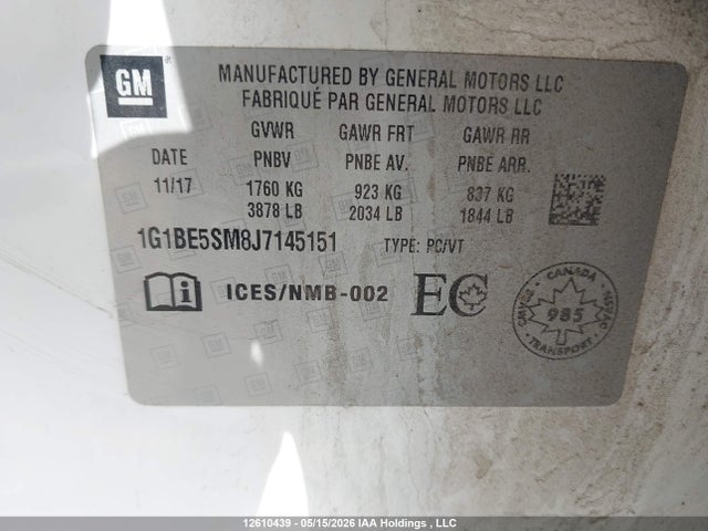 12610439 :رقم المزاد ، 1G1BE5SM8J7145151 vin ، 2018 Chevrolet Cruze Lt Auto مزاد بيع