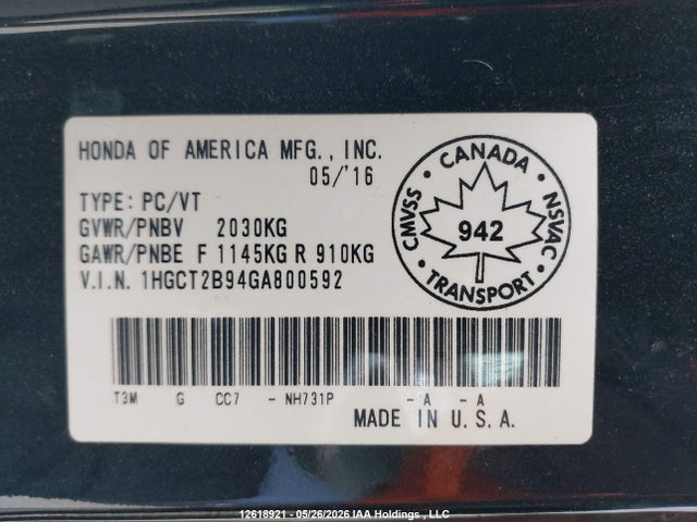 1HGCT2B94GA800592 Honda Accord Touring