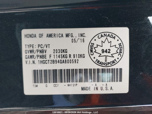 1HGCT2B94GA800592 Honda Accord Touring