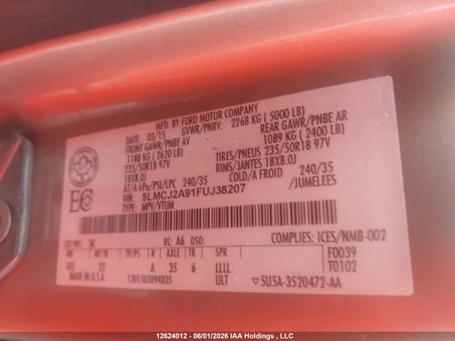12624012 :رقم المزاد ، 5LMCJ2A91FUJ38207 vin ، 2015 Lincoln Mkc مزاد بيع
