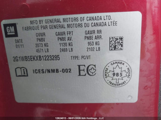 12624013 :رقم المزاد ، 2G1WB5EKXB1223285 vin ، 2011 Chevrolet Impala Lt مزاد بيع