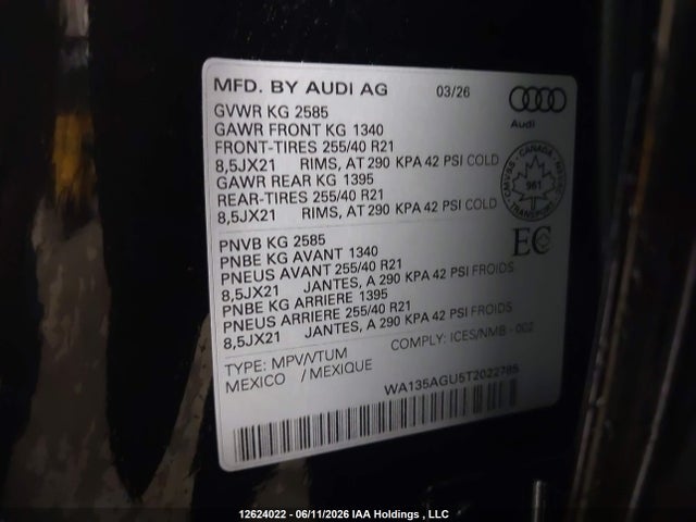 12624022 :رقم المزاد ، WA135AGU5T2022785 vin ، 2026 Audi Sq5/q5 3.0t Progressiv مزاد بيع
