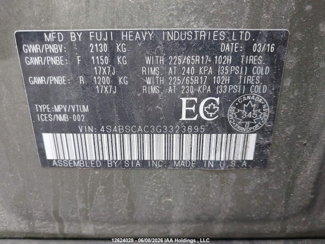 2016 Subaru Outback 2.5i მანქანა იყიდება აუქციონზე, vin: 4S4BSCAC3G3323895, აუქციონის ნომერი: 12624028