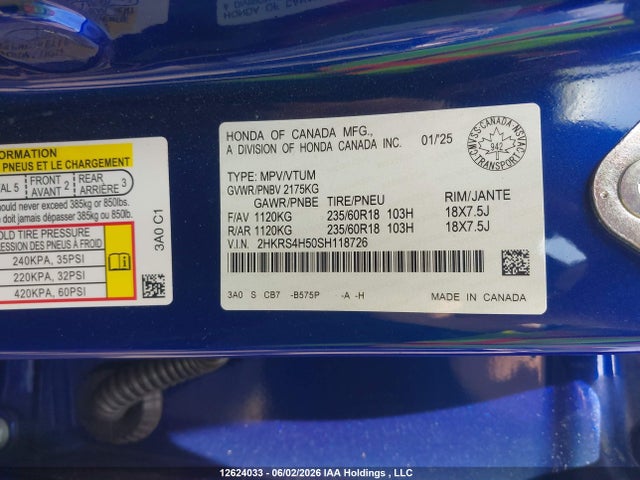 2025 Honda Cr-v Sport მანქანა იყიდება აუქციონზე, vin: 2HKRS4H50SH118726, აუქციონის ნომერი: 12624033