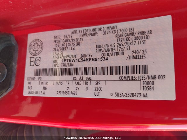 Aukcja sprzedaży 2019 Ford F150 Supercrew, vin: 1FTEW1E54KFB91534, numer aukcji: 12624036