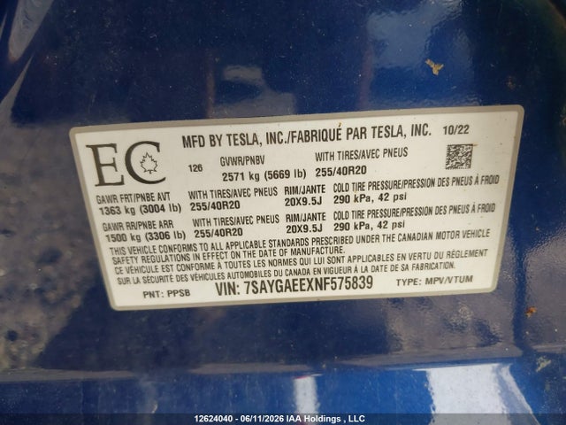 Tesla Model Y Long Range 2022 7SAYGAEEXNF575839 Image 9