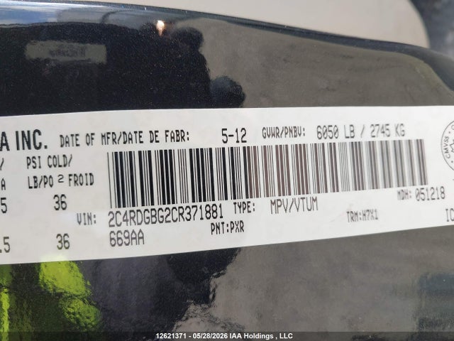 Продажа на аукционе авто 2012 Dodge Grand Caravan Se/sxt, vin: 2C4RDGBG2CR371881, номер лота: 12621371