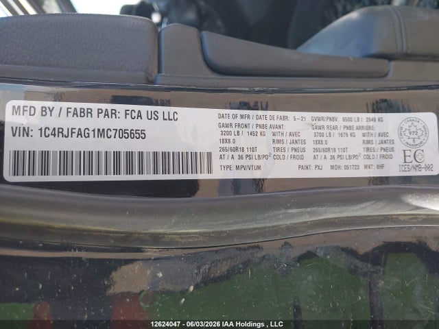 Продажа на аукционе авто 2021 Jeep Grand Cherokee Laredo, vin: 1C4RJFAG1MC705655, номер лота: 12624047