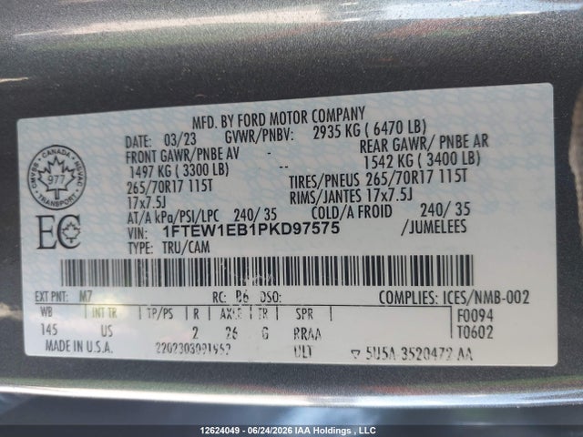 12624049 :رقم المزاد ، 1FTEW1EB1PKD97575 vin ، 2023 Ford F-150 Xlt مزاد بيع